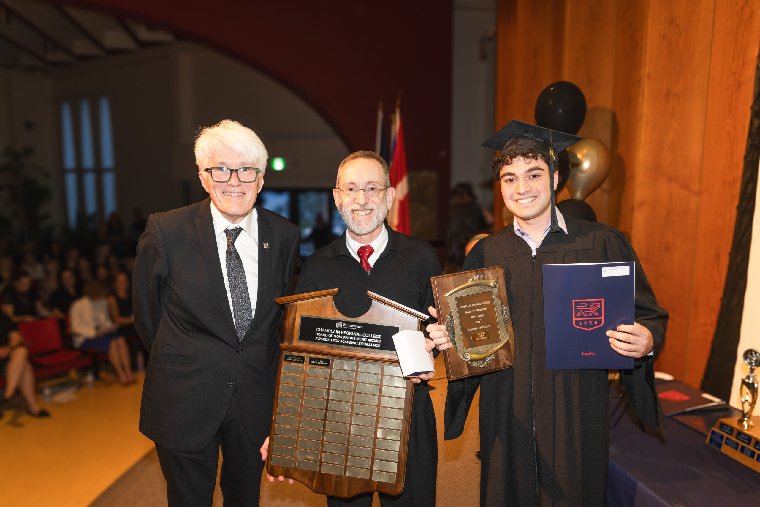 Director of the Constituent College Edward Berryman, science teacher Denis Carrier, and Board of Governors’ Merit Award and Governor General’s Medal recipient Hirad Haghbayan