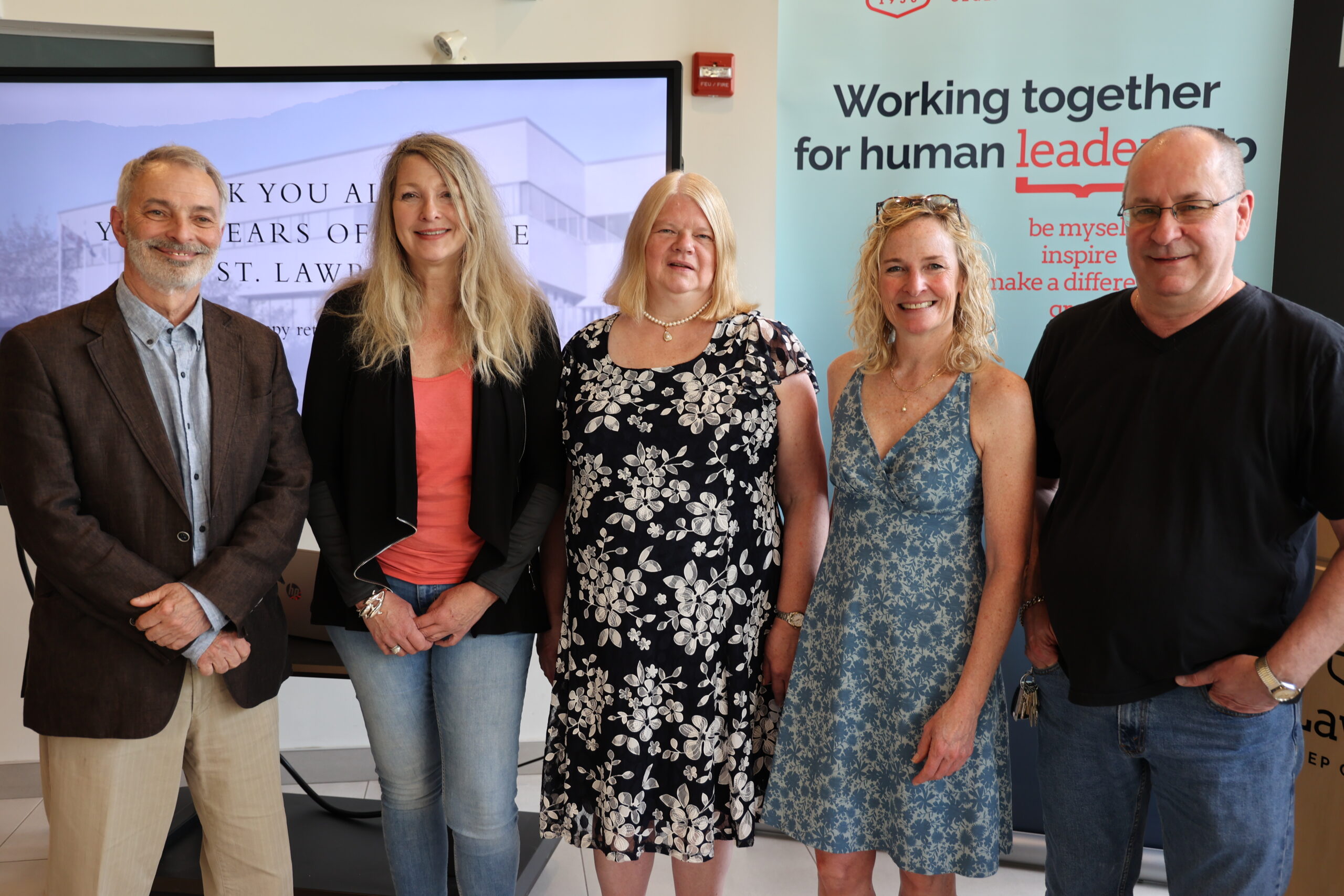 Raymond Déry, Meagan Daley, Betty Ableson, Josée Guilbault and Steve Hardy celebrate their retirement