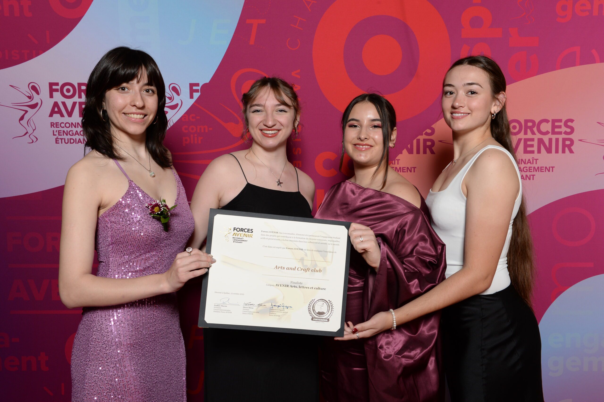 Members of the Arts and Crafts club pose with their certificate at the Forces Avenir Gala